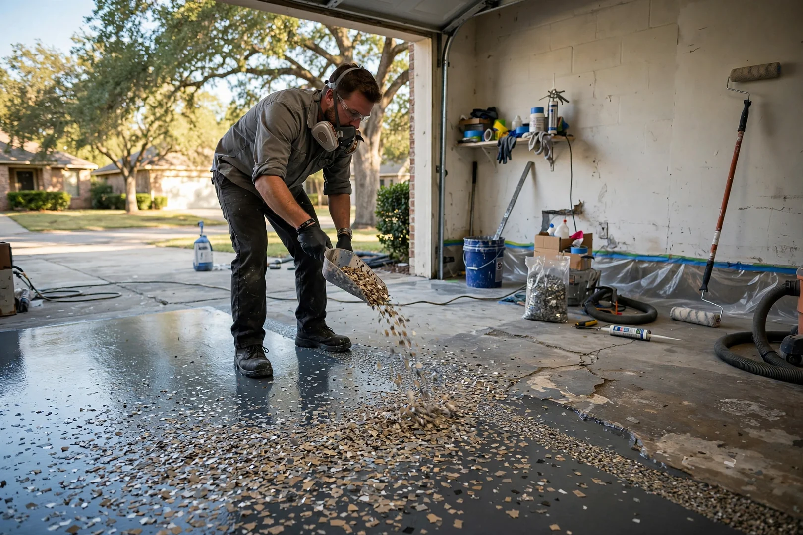 Technician broadcasting vinyl flake into fresh epoxy basecoat in a residential garage