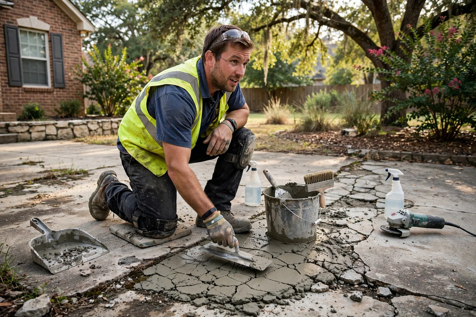 Hand-set flagstone patio with tight joints curving beside a Highland Village backyard lawn