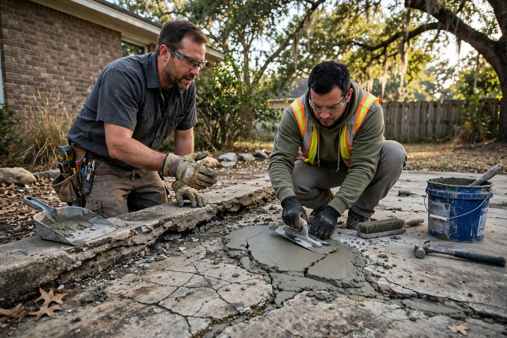 Restored flagstone walkway with blended stone and clean joints beside a planted bed