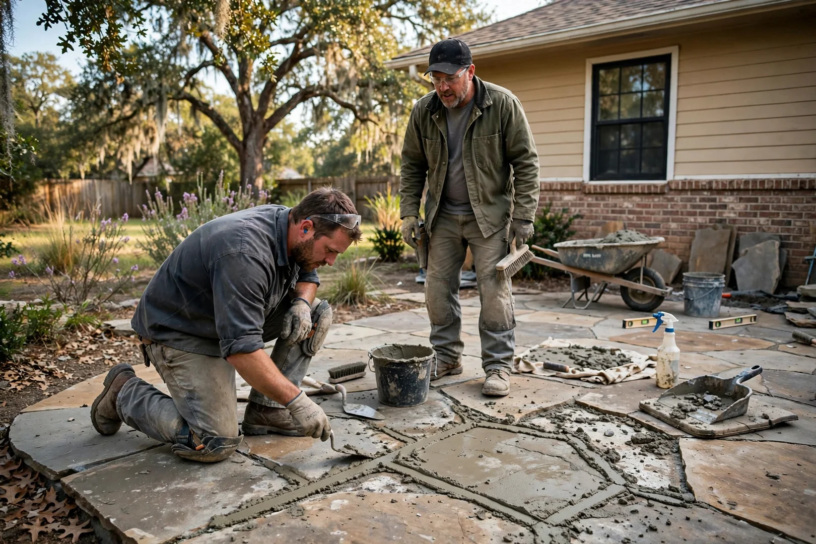 Natural flagstone patio with tight mortared joints behind a Highland Village family home
