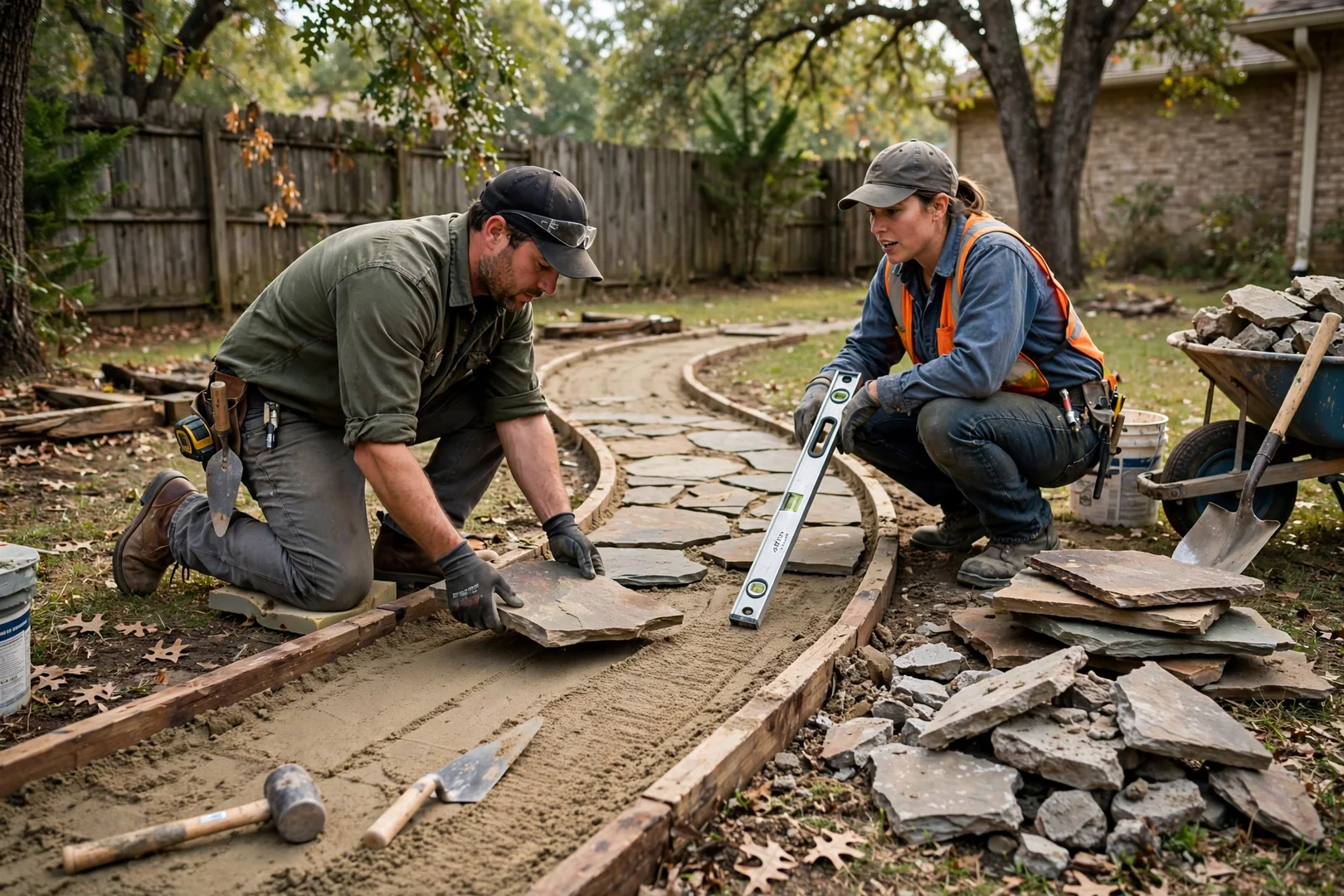 Crew setting flagstone pieces into a screeded sand bed along a backyard walkway