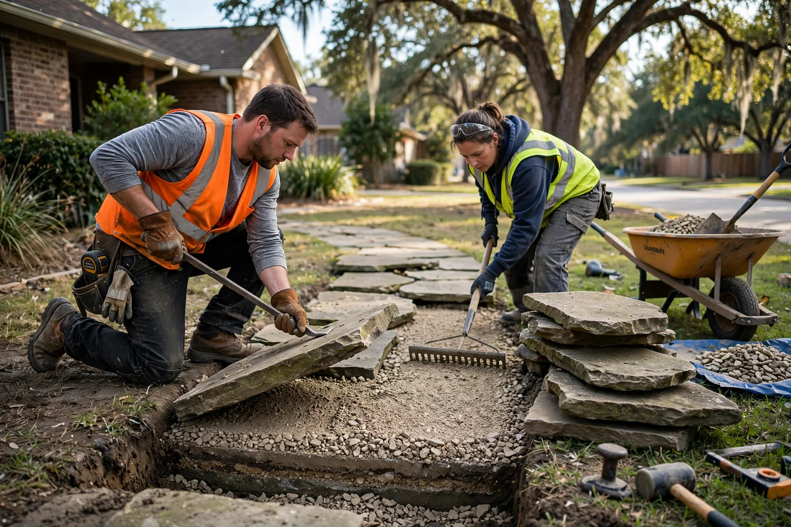 Settled flagstone path being lifted and reset over fresh compacted base material