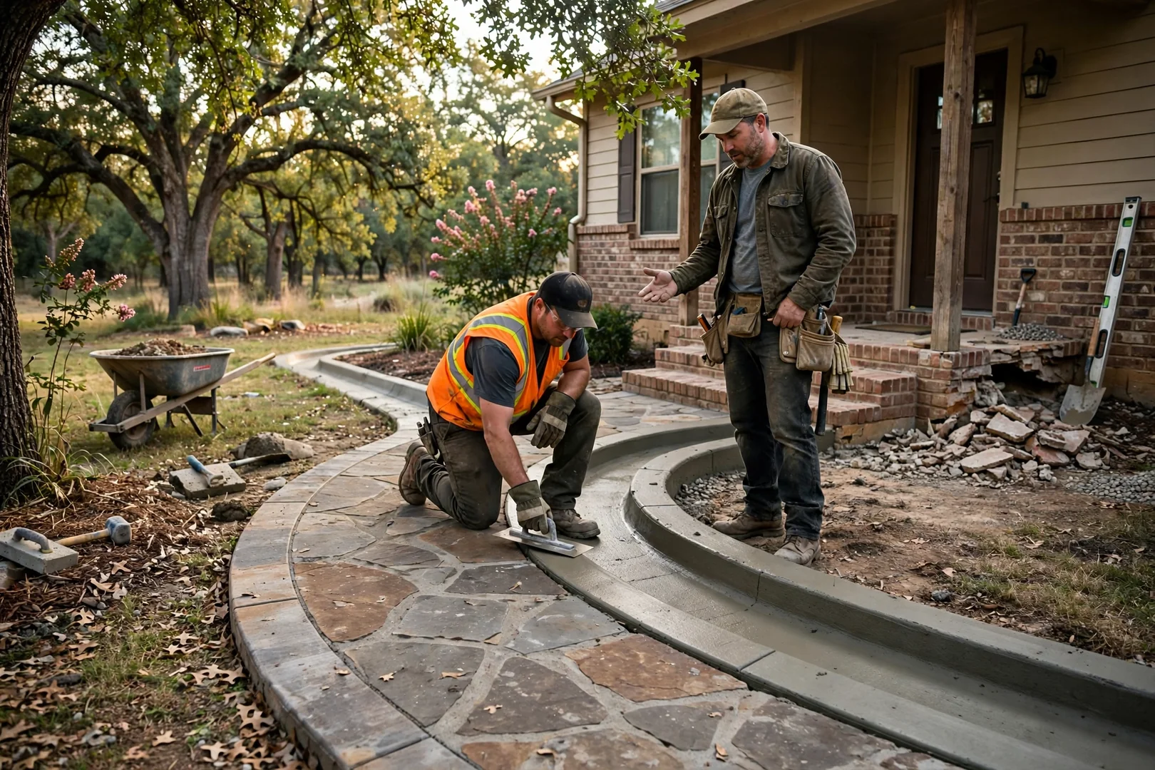 Curved stone walkway leading to a front entry with sloped drainage away from foundation