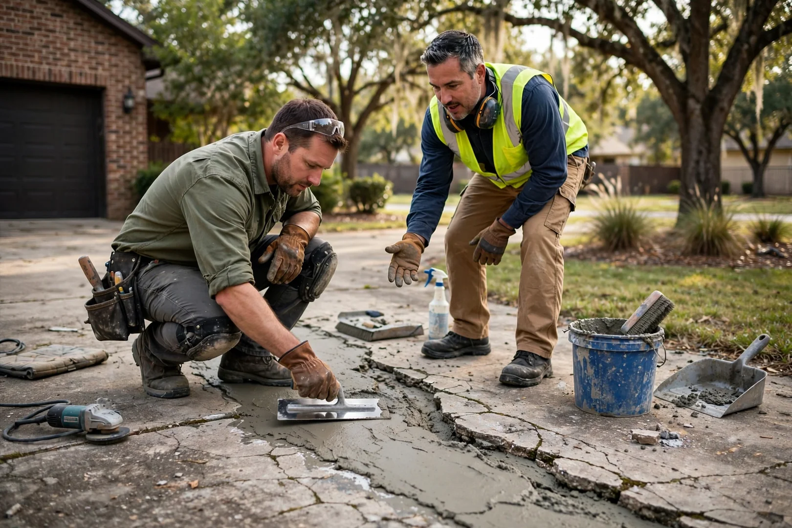 Cracked mortar joints and a tipped flagstone showing base settlement on an older backyard patio