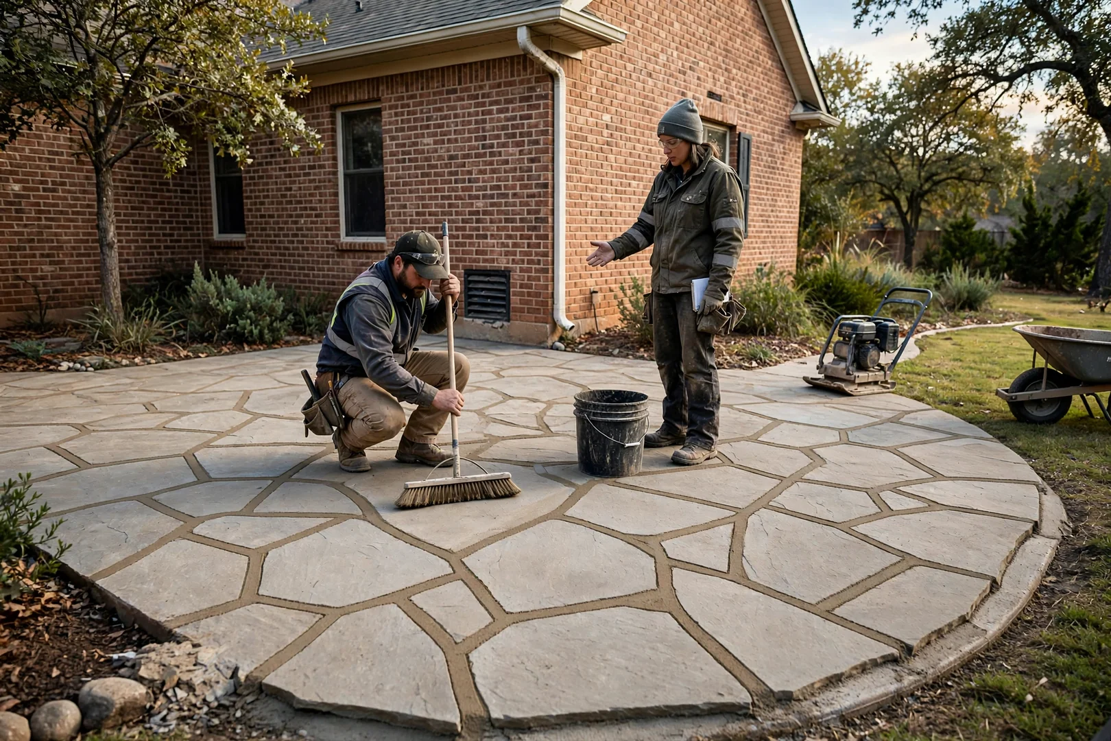Finished irregular flagstone patio with tight polymeric sand joints behind a brick home