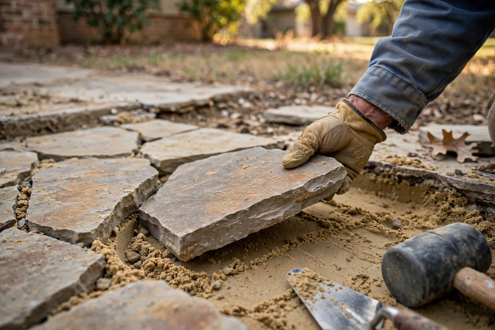 Close-up of hand-cut flagstone edge being fitted into a compacted sand setting bed