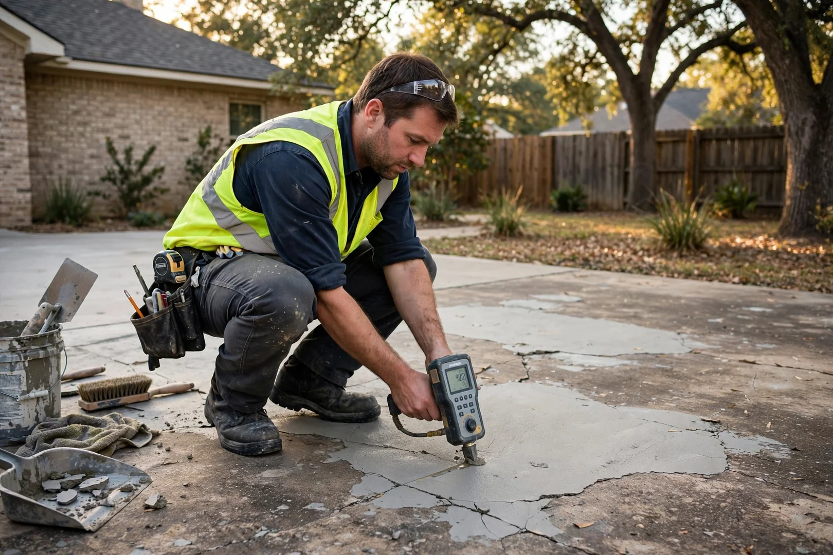 Highland Village Premier Concrete Contractors technician testing system performance