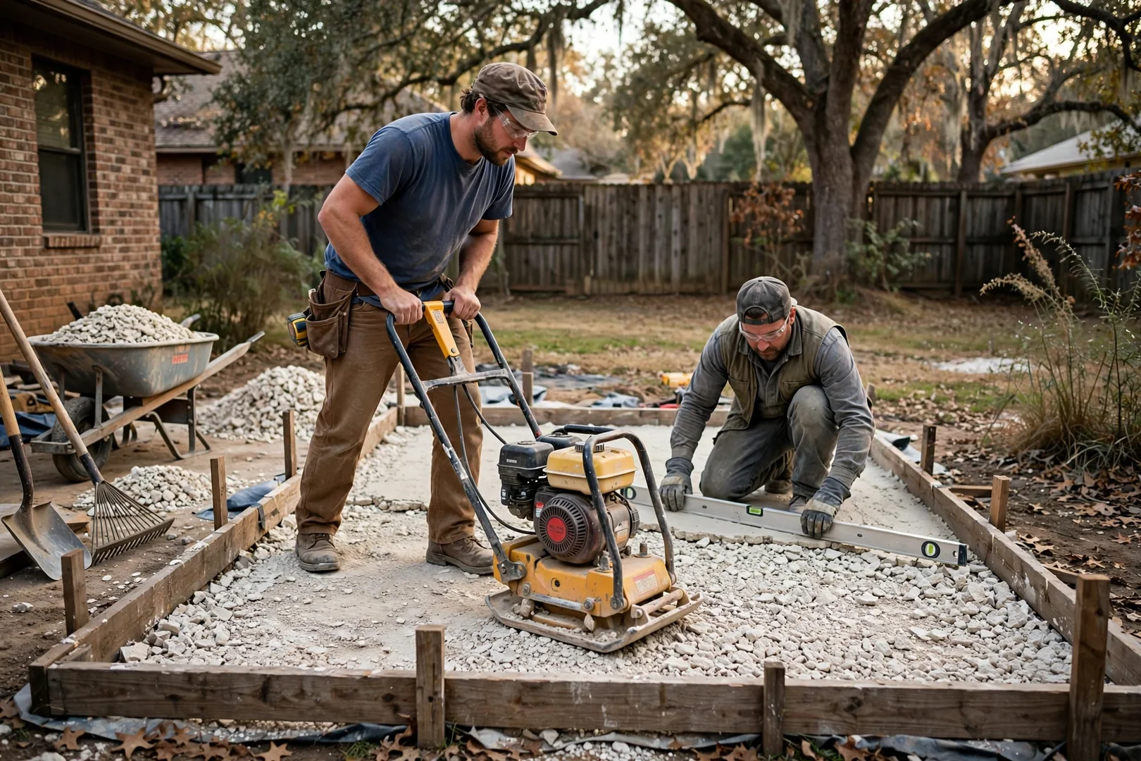 Plate compactor leveling crushed limestone base before flagstone installation on a backyard pad
