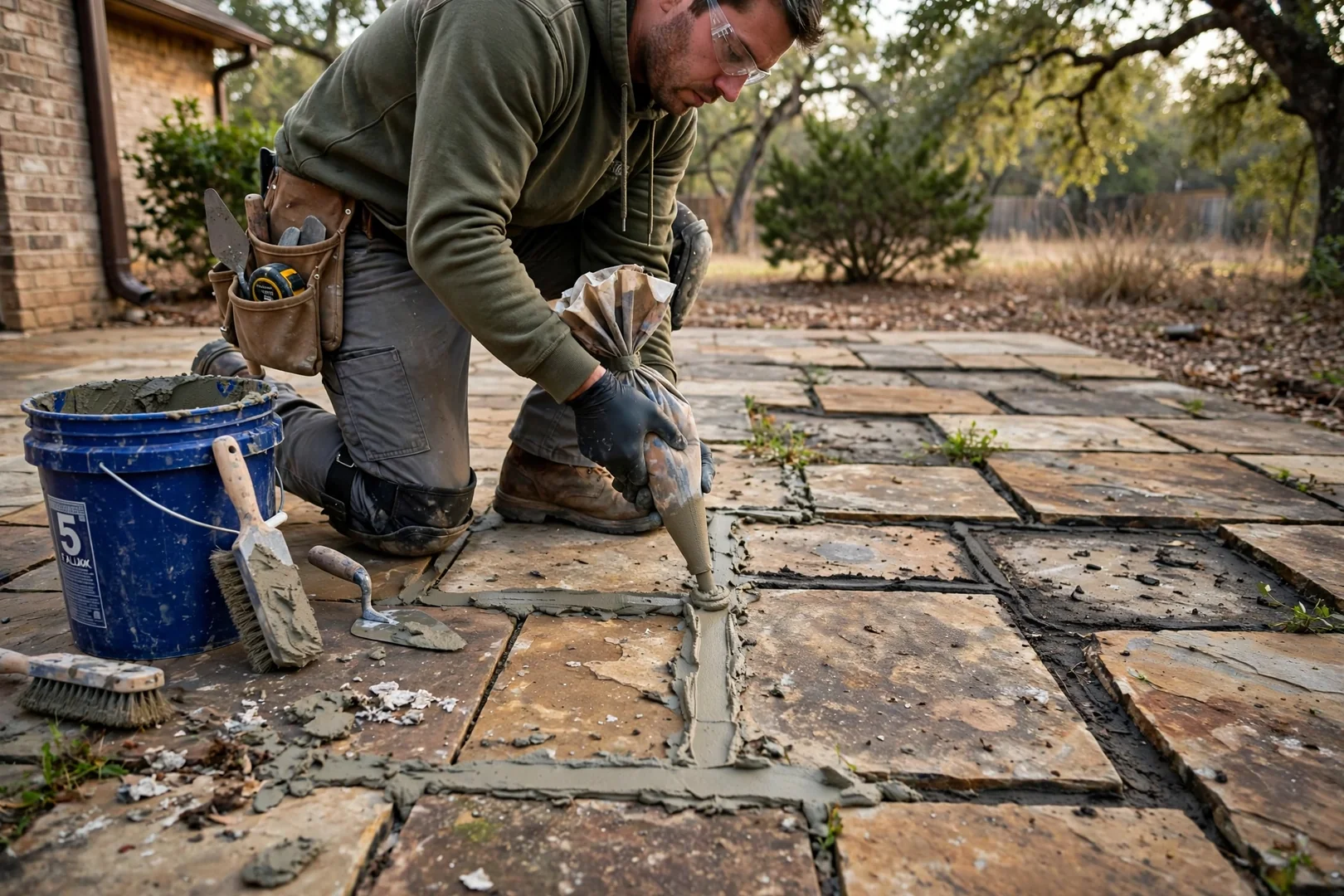 Mortar joints being repointed between aging flagstone pavers on a patio surface
