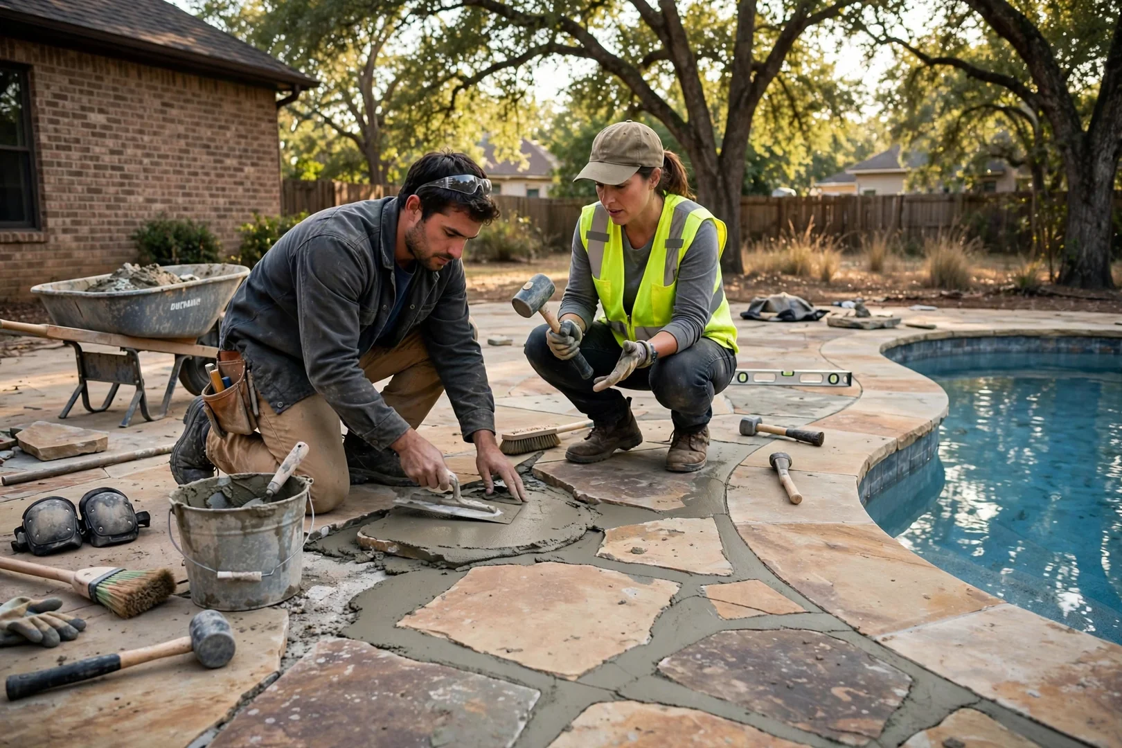 Flagstone pool surround with blended replacement stones and even walking surface