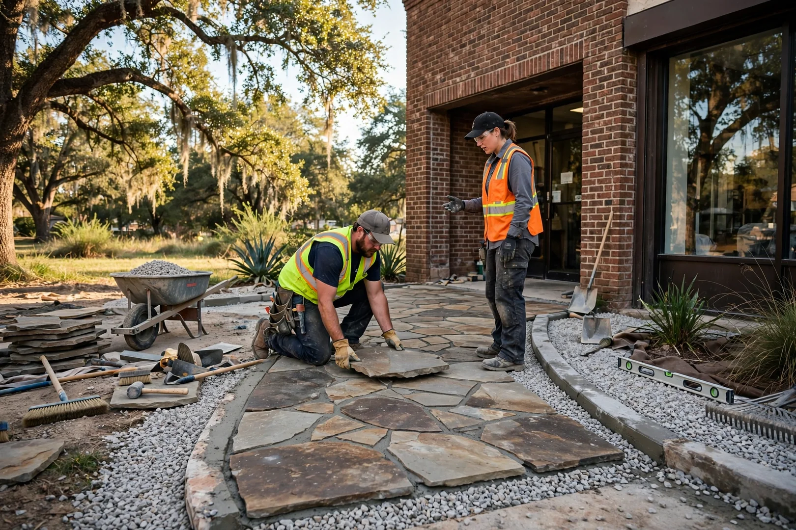 Commercial entry walkway rebuilt with flagstone stepping surface and clean gravel borders