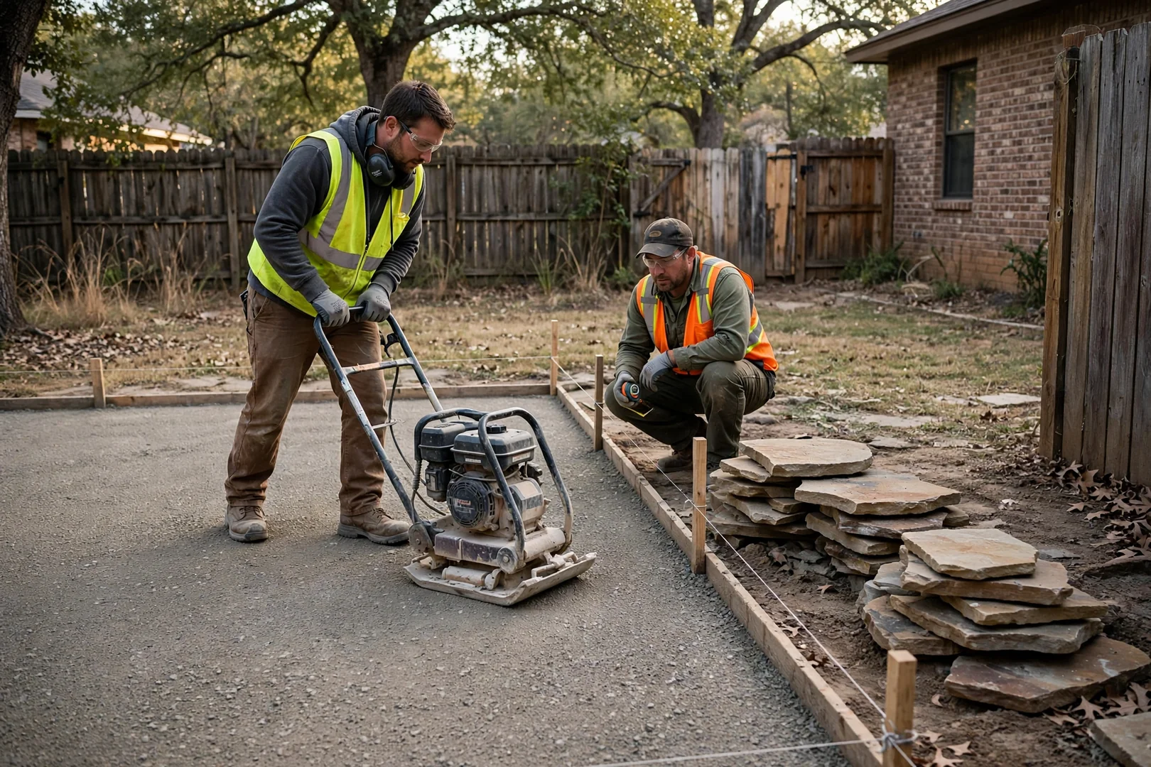 Compacted crushed base prepared for flagstone installation in a residential backyard