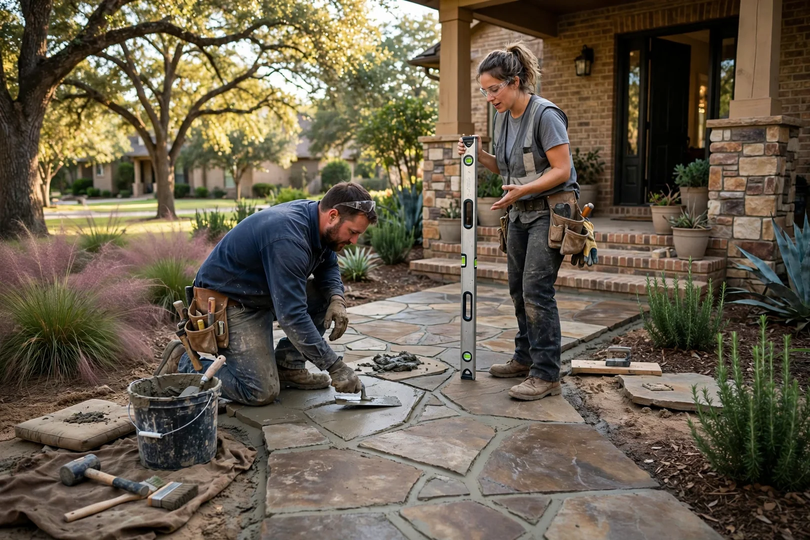 Restored flagstone walkway with level surface leading to a front entry porch