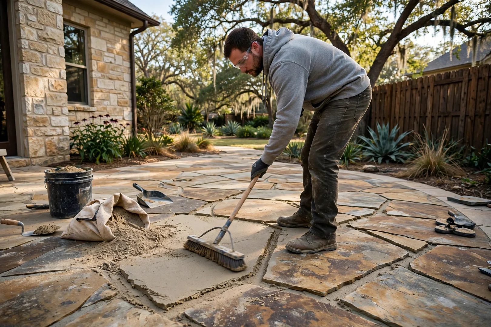 Polymeric sand being swept into flagstone joints on a newly finished patio