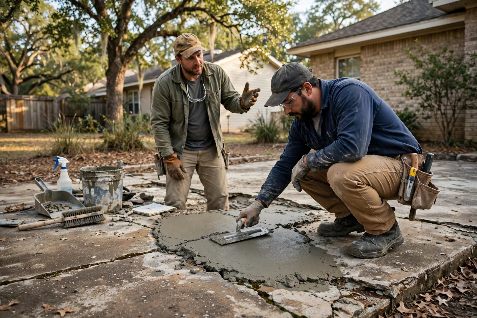 Contractor measuring floor elevation inside a Highland Village home during a foundation repair evaluation
