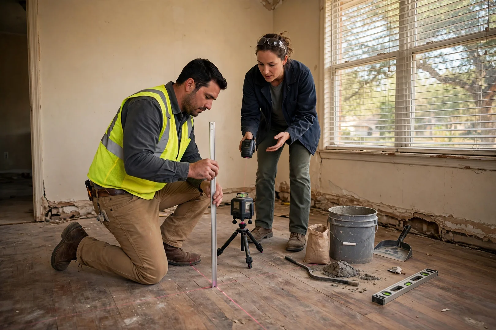 Crew taking interior floor elevation readings during a foundation assessment on a Highland Village home