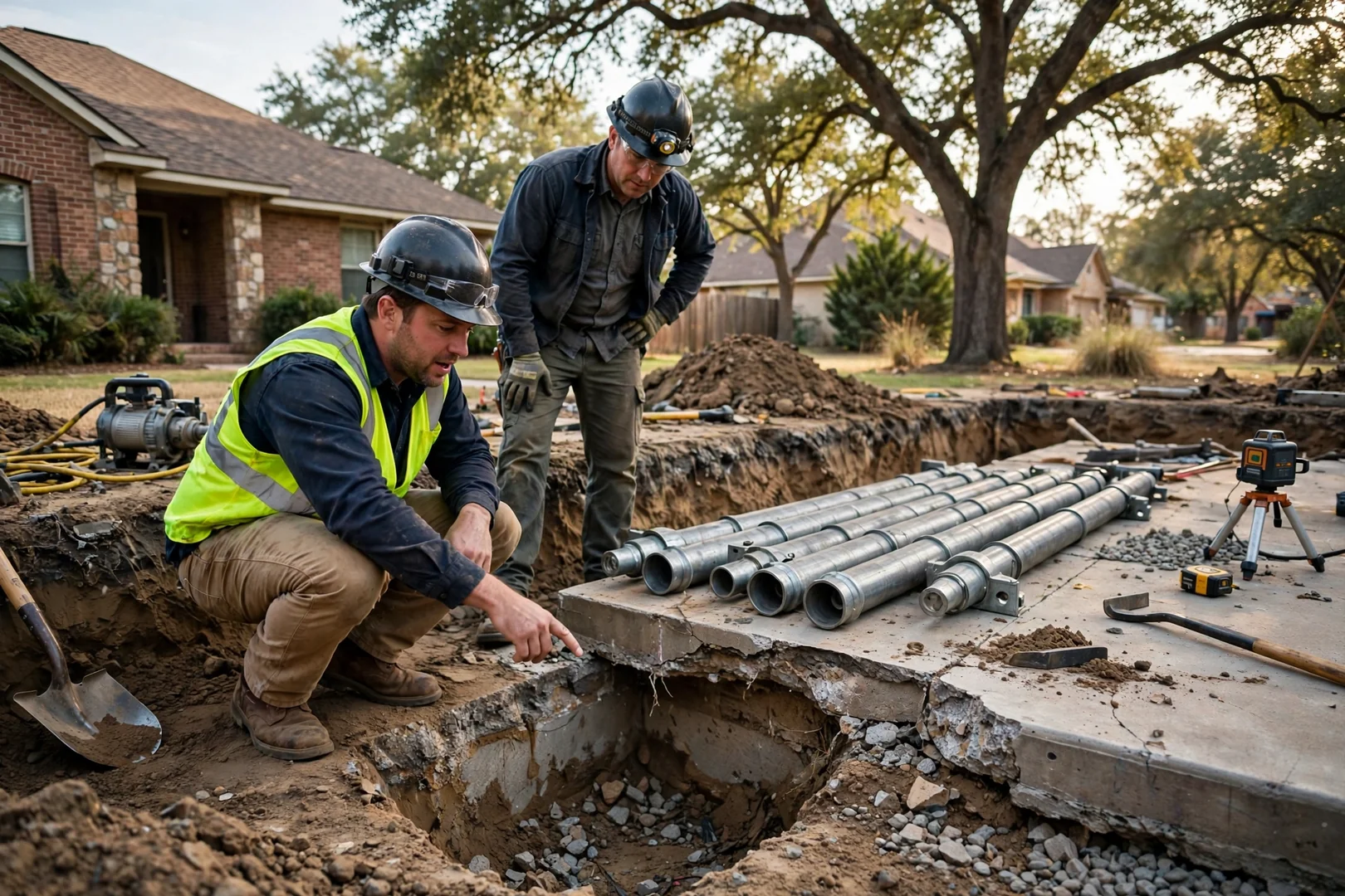Steel push piers staged beside an excavated footing before a slab lift begins