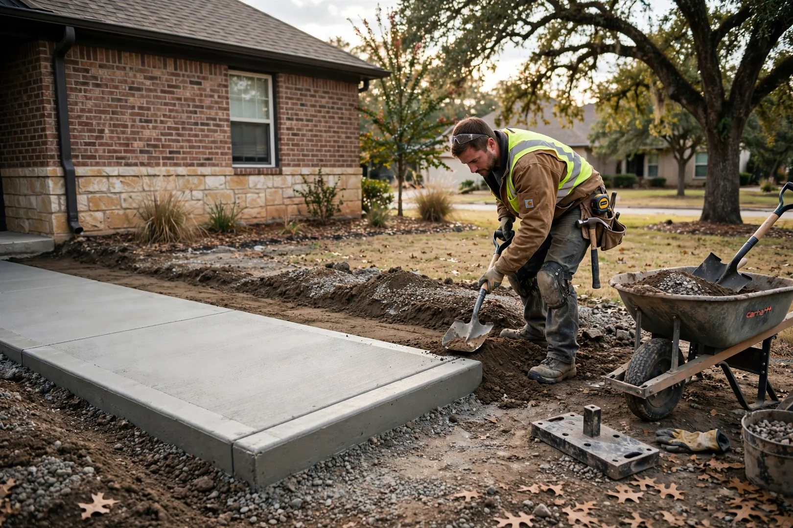 Restored concrete slab and backfilled grade after completed foundation repair work