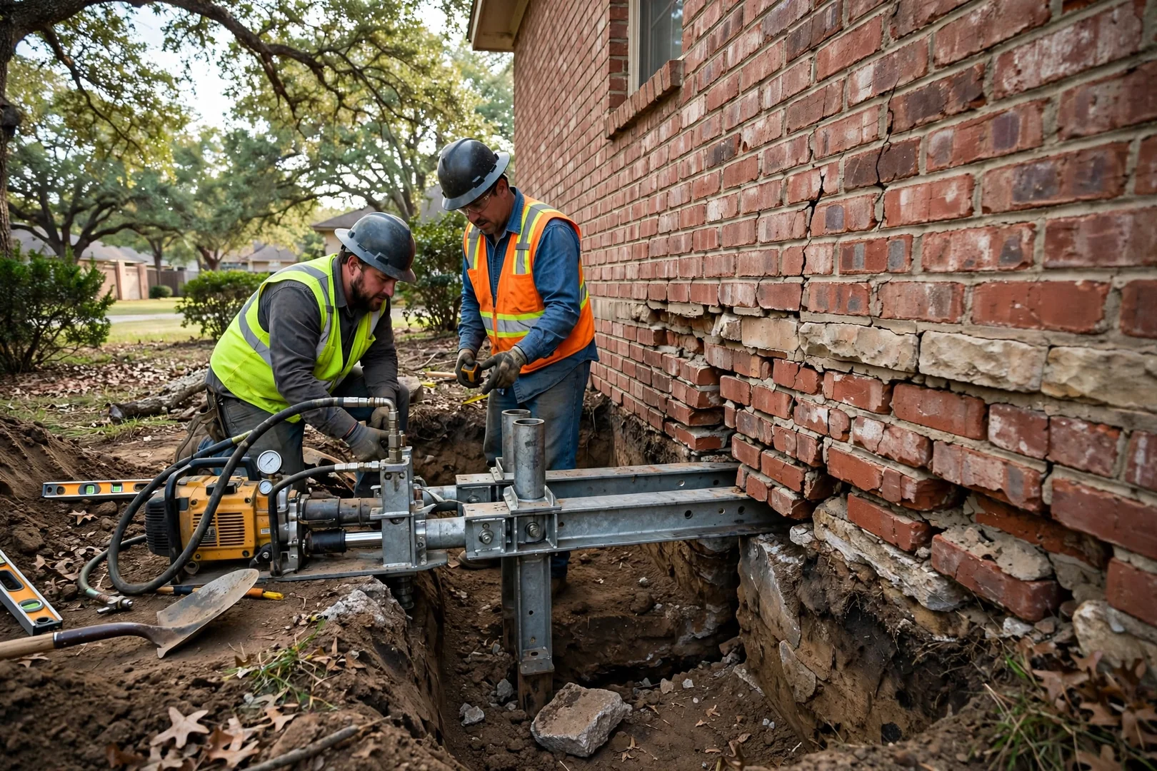 Steel push pier set beside a settled brick home foundation in Highland Village
