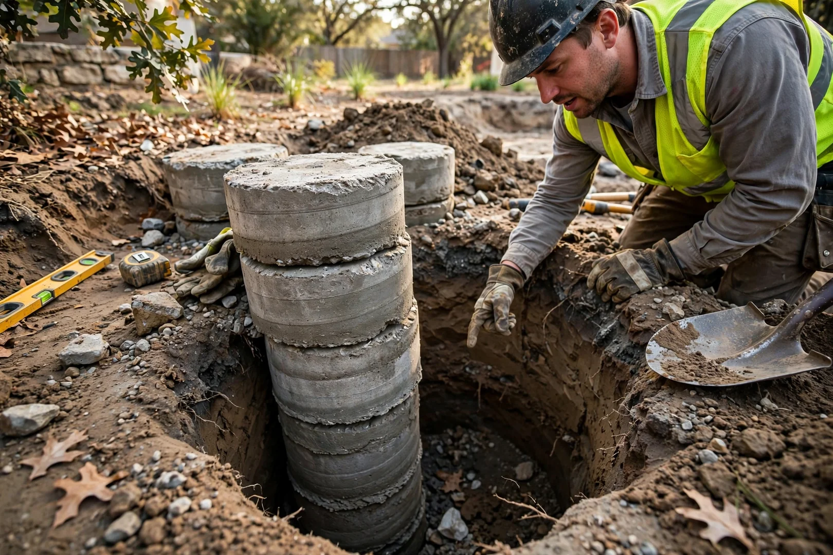 Close-up of pressed concrete pilings stacked in an excavated pier hole