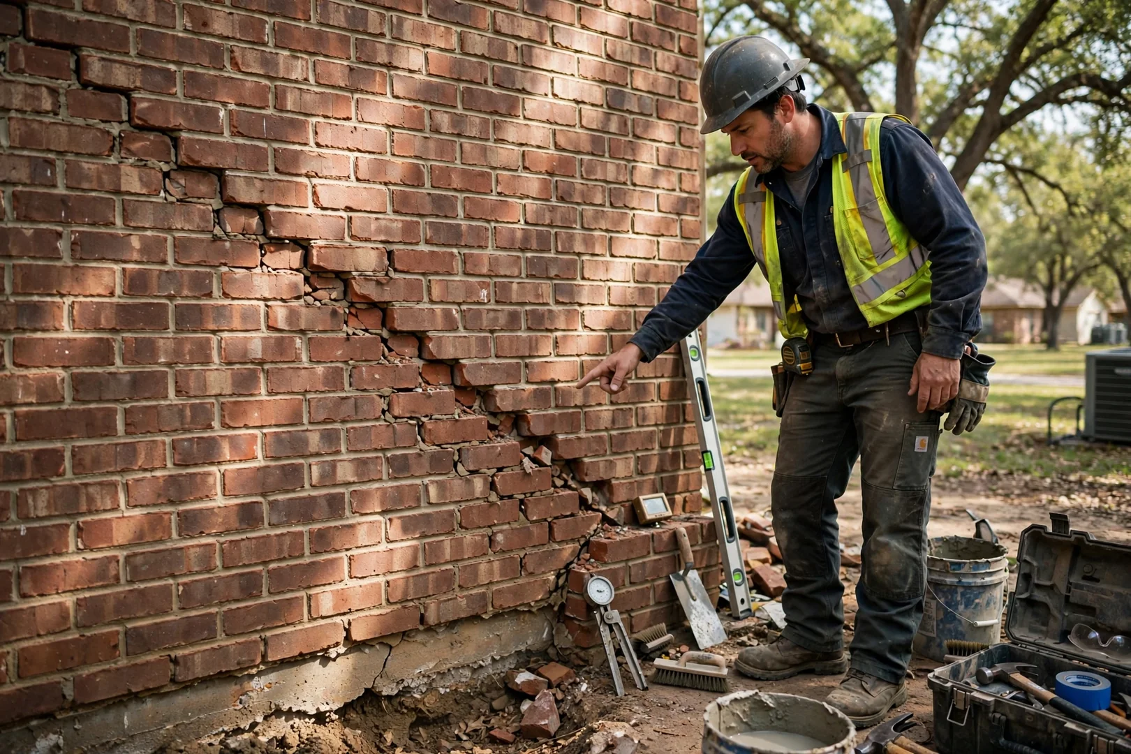 Stair-step crack in exterior brick veneer before foundation stabilization begins