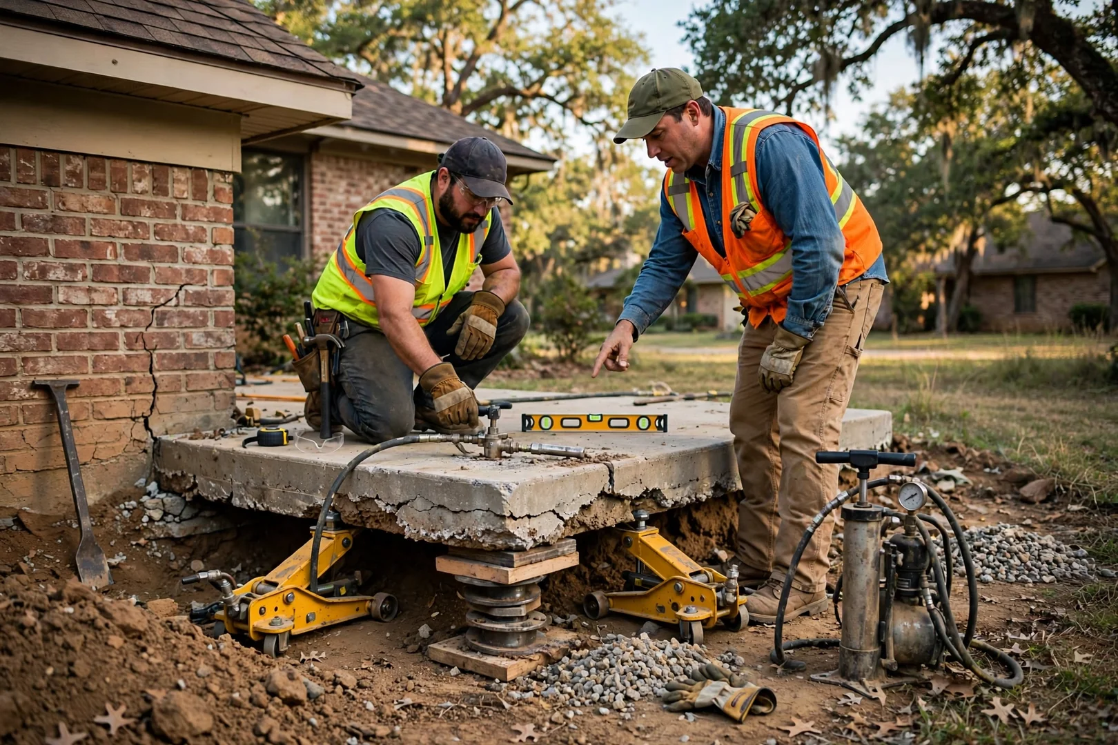 Hydraulic jacks lifting a slab corner during an active foundation repair