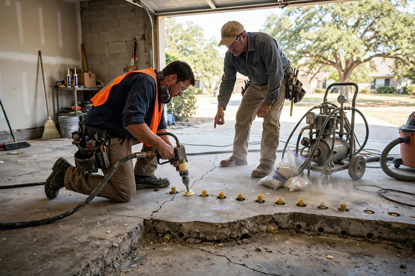 Polyurethane foam injection ports drilled across a sunken interior slab floor