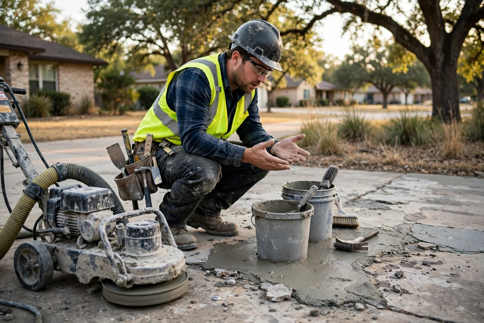Highland Village Premier Concrete Contractors technician reviewing Concrete equipment in Highland Village, TX