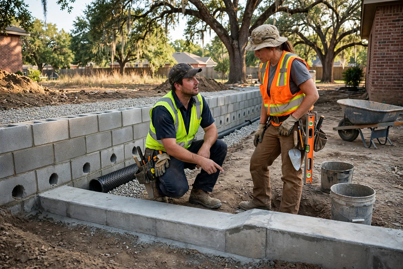 Rebuilt retaining wall redirecting soil pressure away from a repaired footing