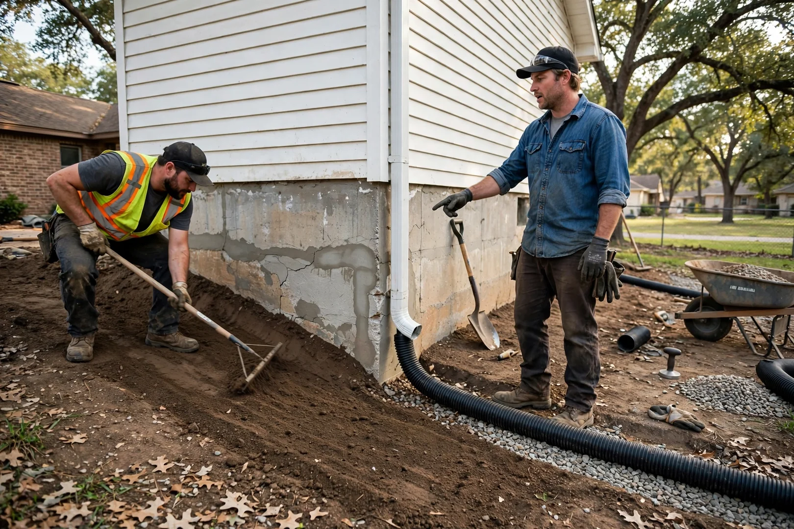 Regraded soil and extended downspout drainage protecting a stabilized foundation