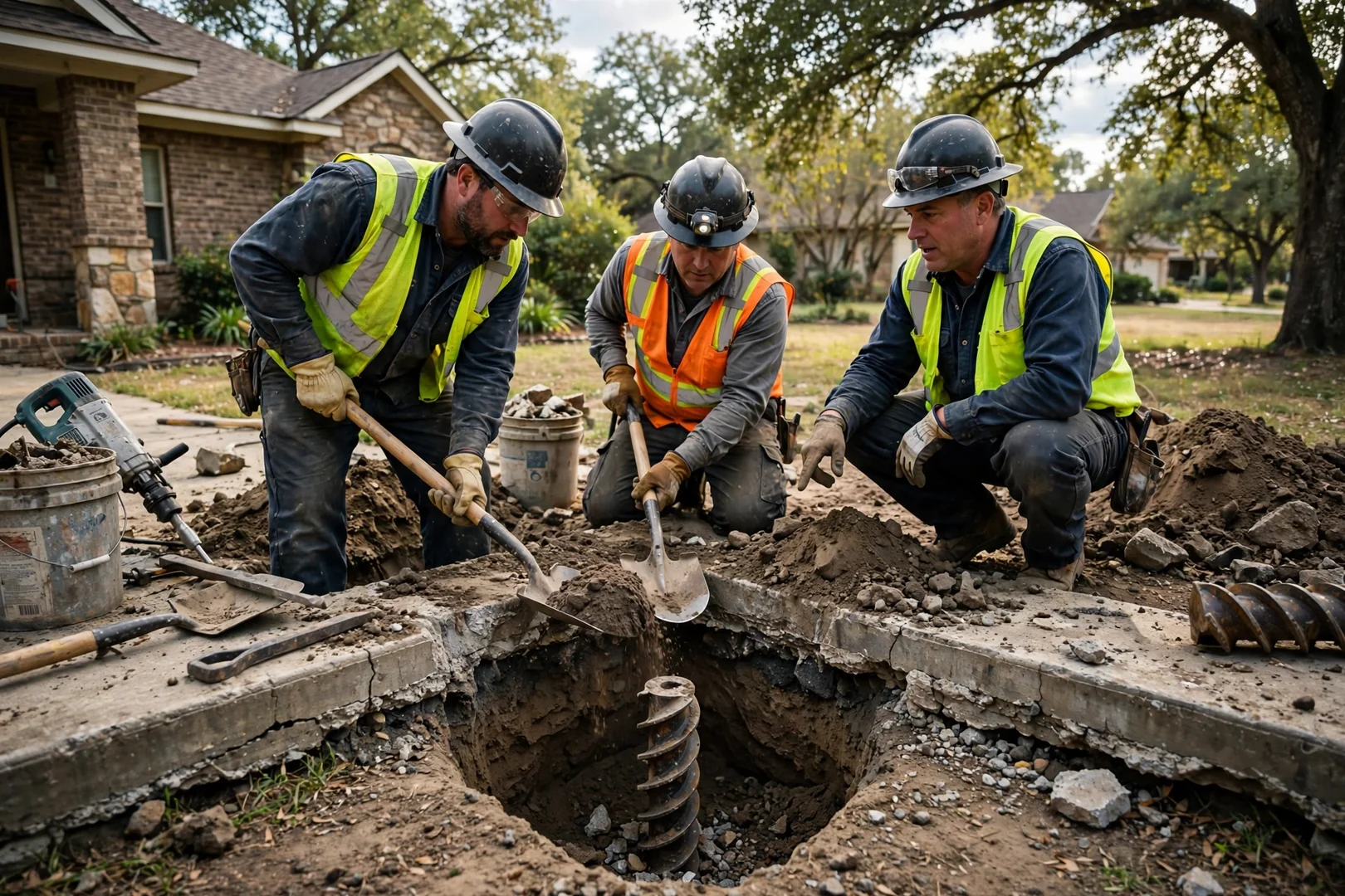 Crew excavating an access hole along a slab perimeter for pier installation