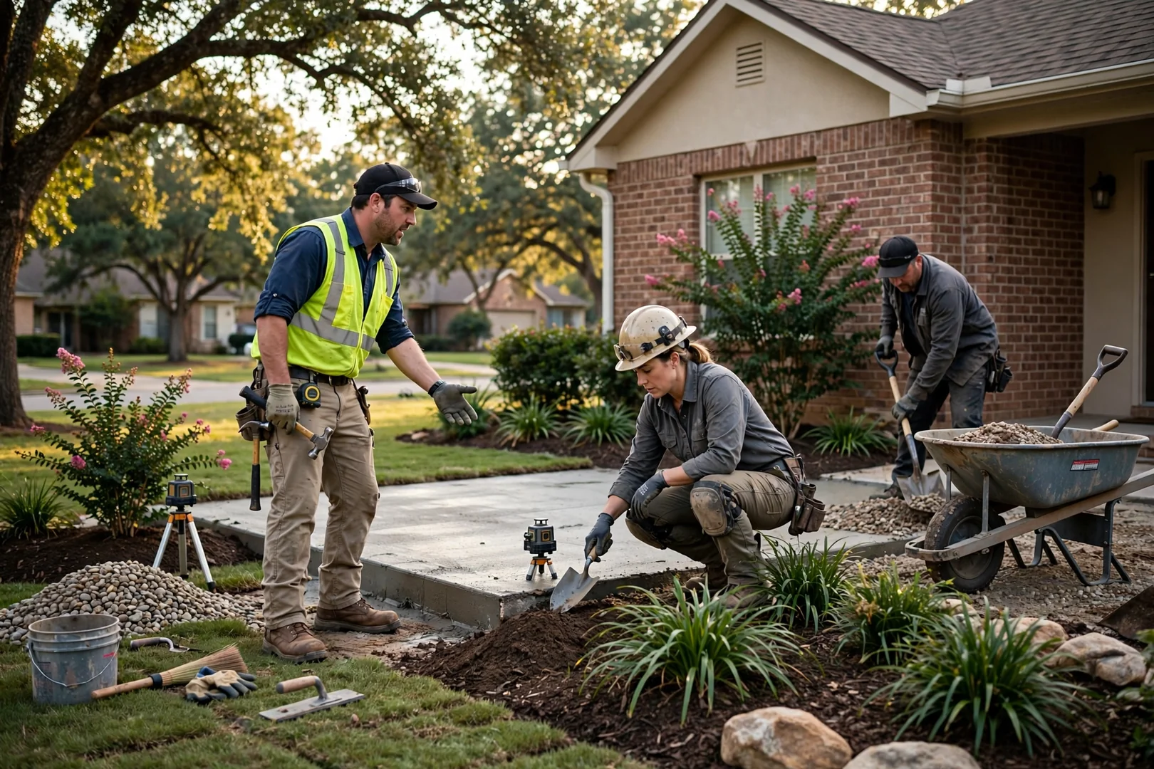 Repaired foundation and restored landscaping at a Highland Village residence after leveling work