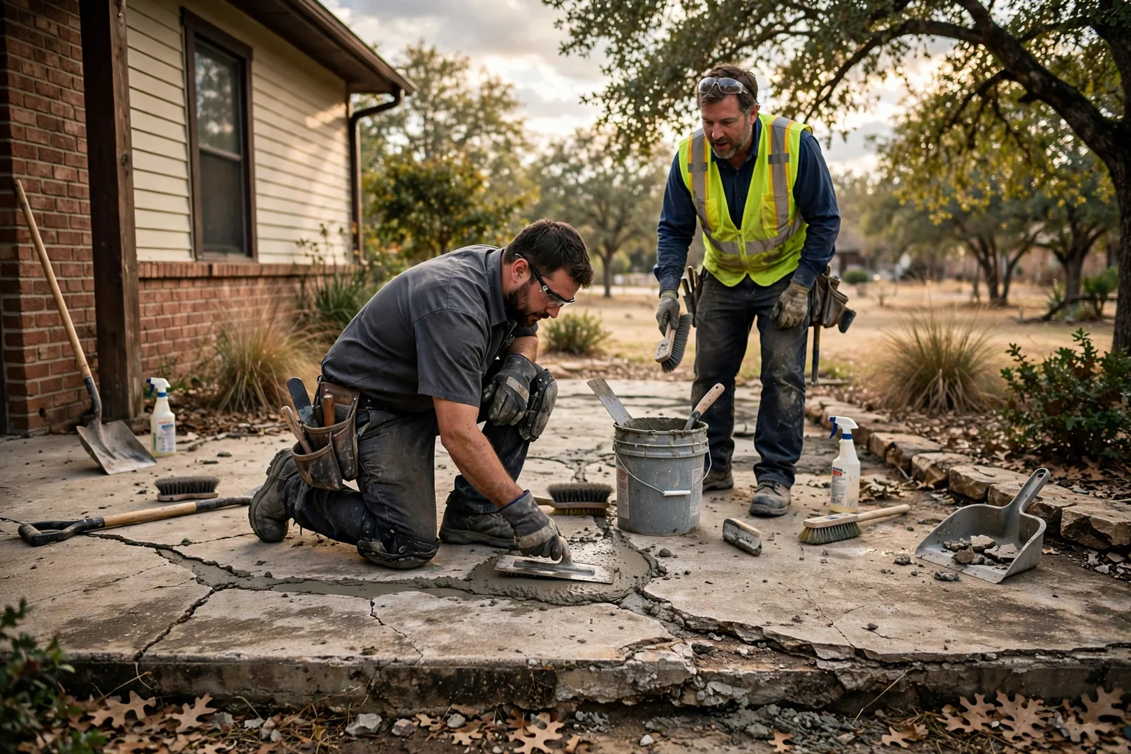 Contractor reviewing a leaning segmental block retaining wall with a homeowner in a residential backyard