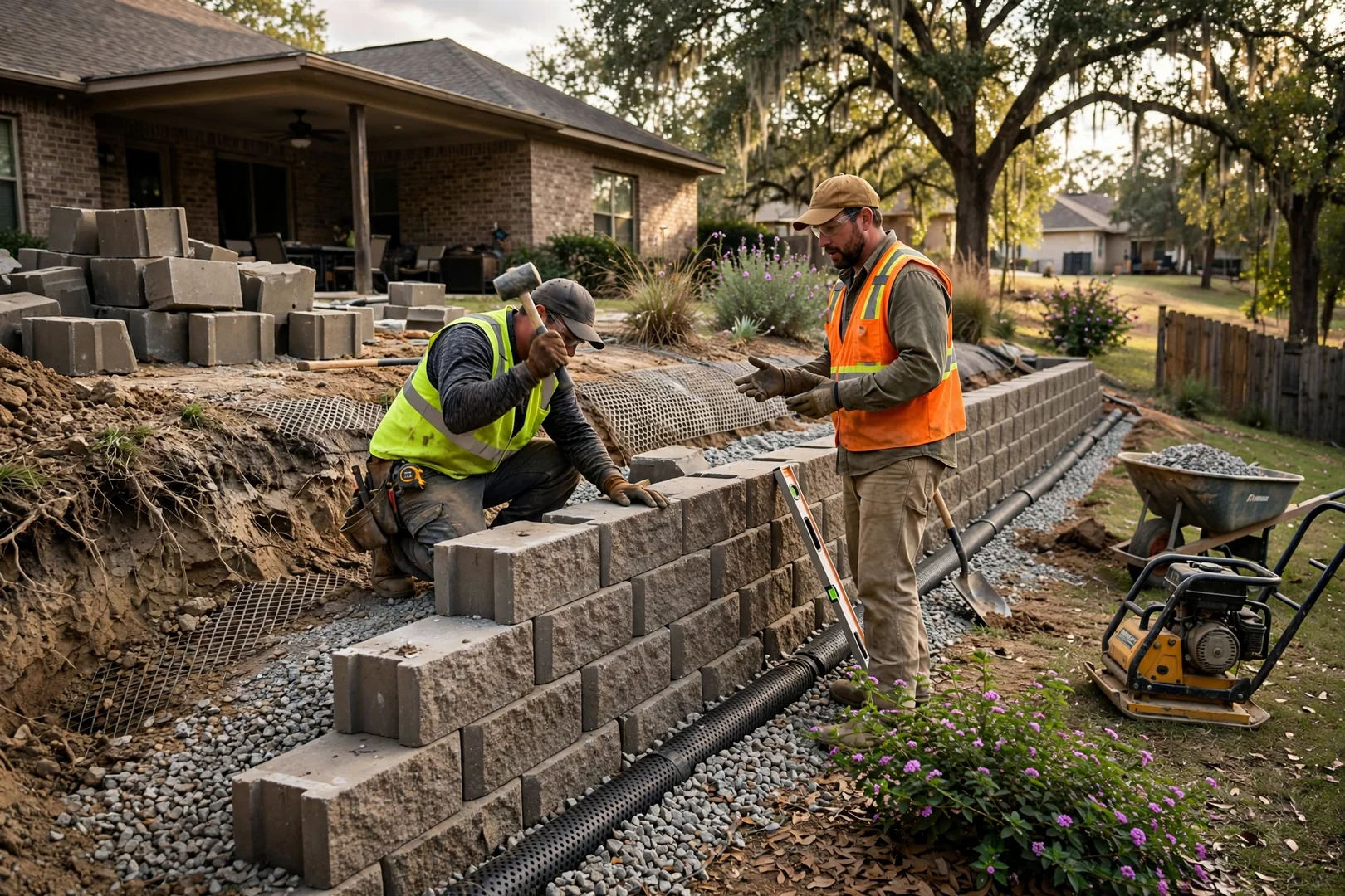 Segmental block retaining wall rebuilt along a sloped Highland Village backyard lot