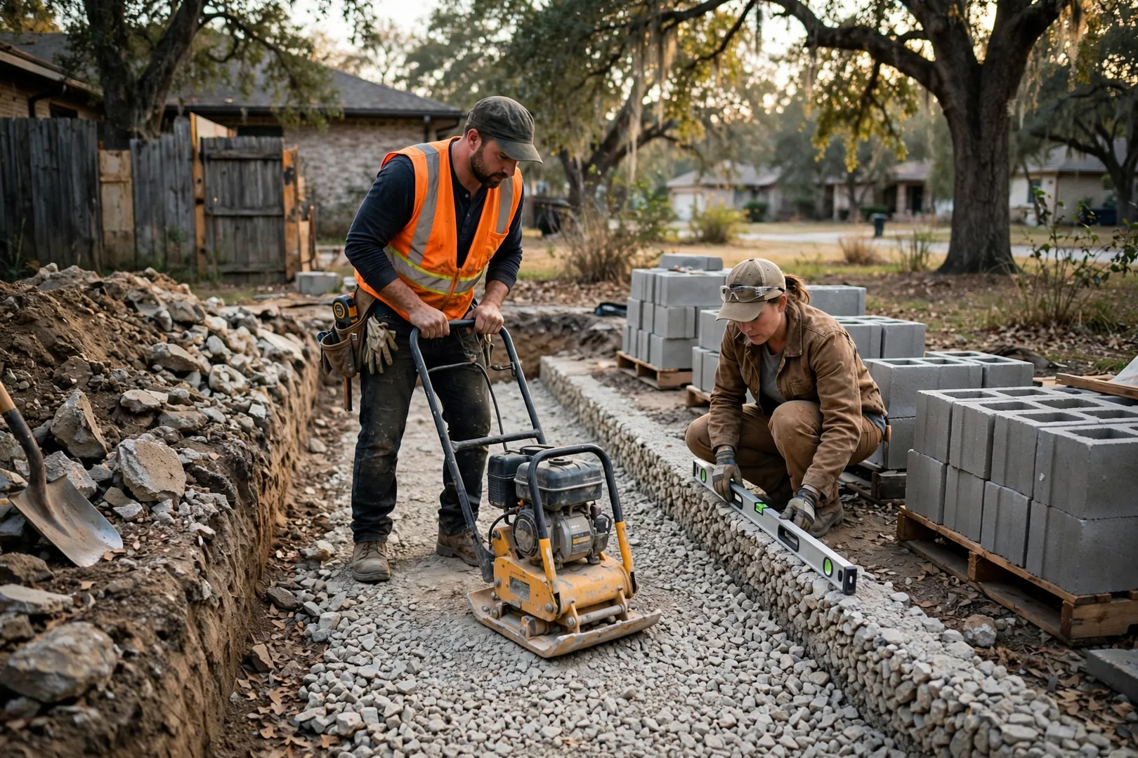 Crew compacting crushed stone base before setting first course of wall block