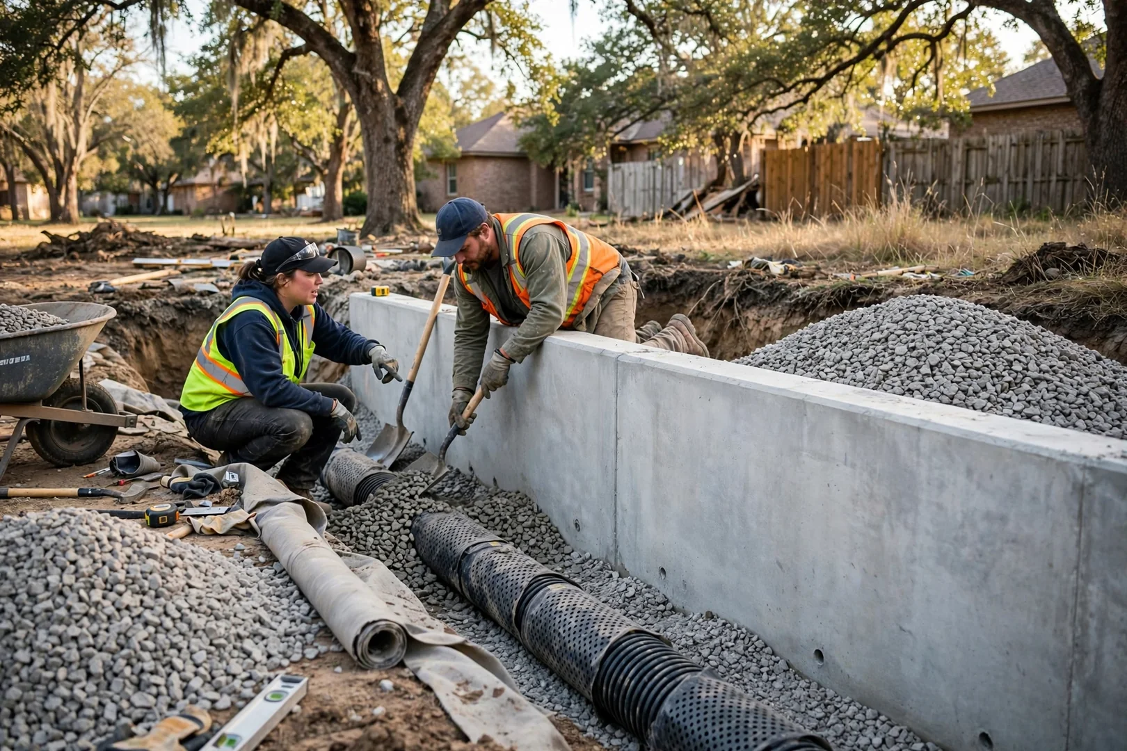 Perforated drain pipe and gravel backfill installed behind a new concrete retaining wall