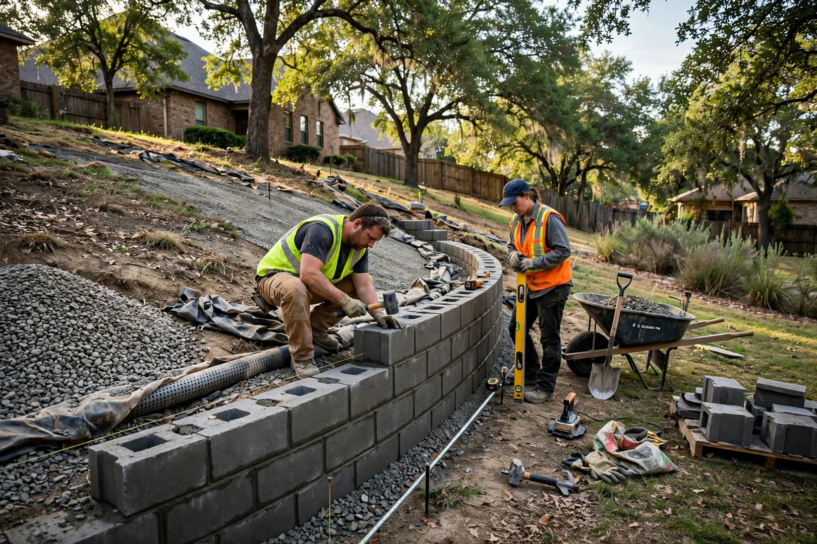 Newly built segmental block retaining wall curving along a sloped Highland Village backyard