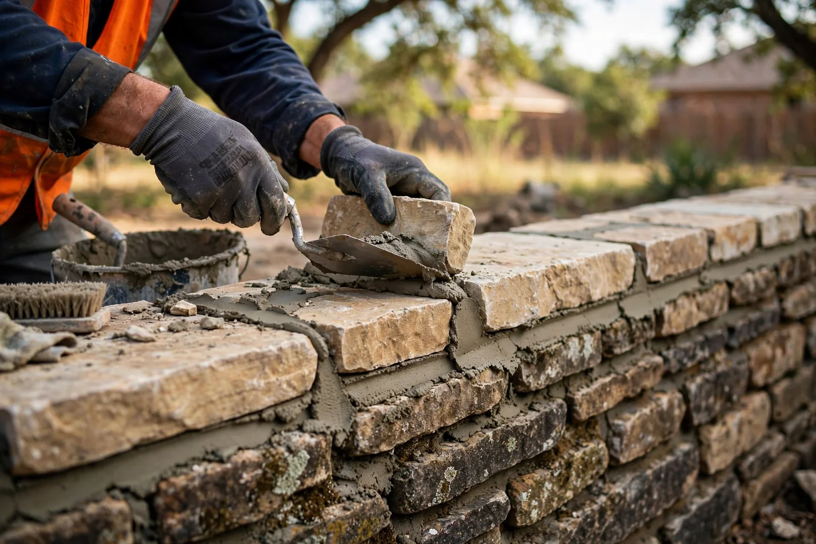 Close-up of mortared cap stones reset along the top course of a rebuilt wall