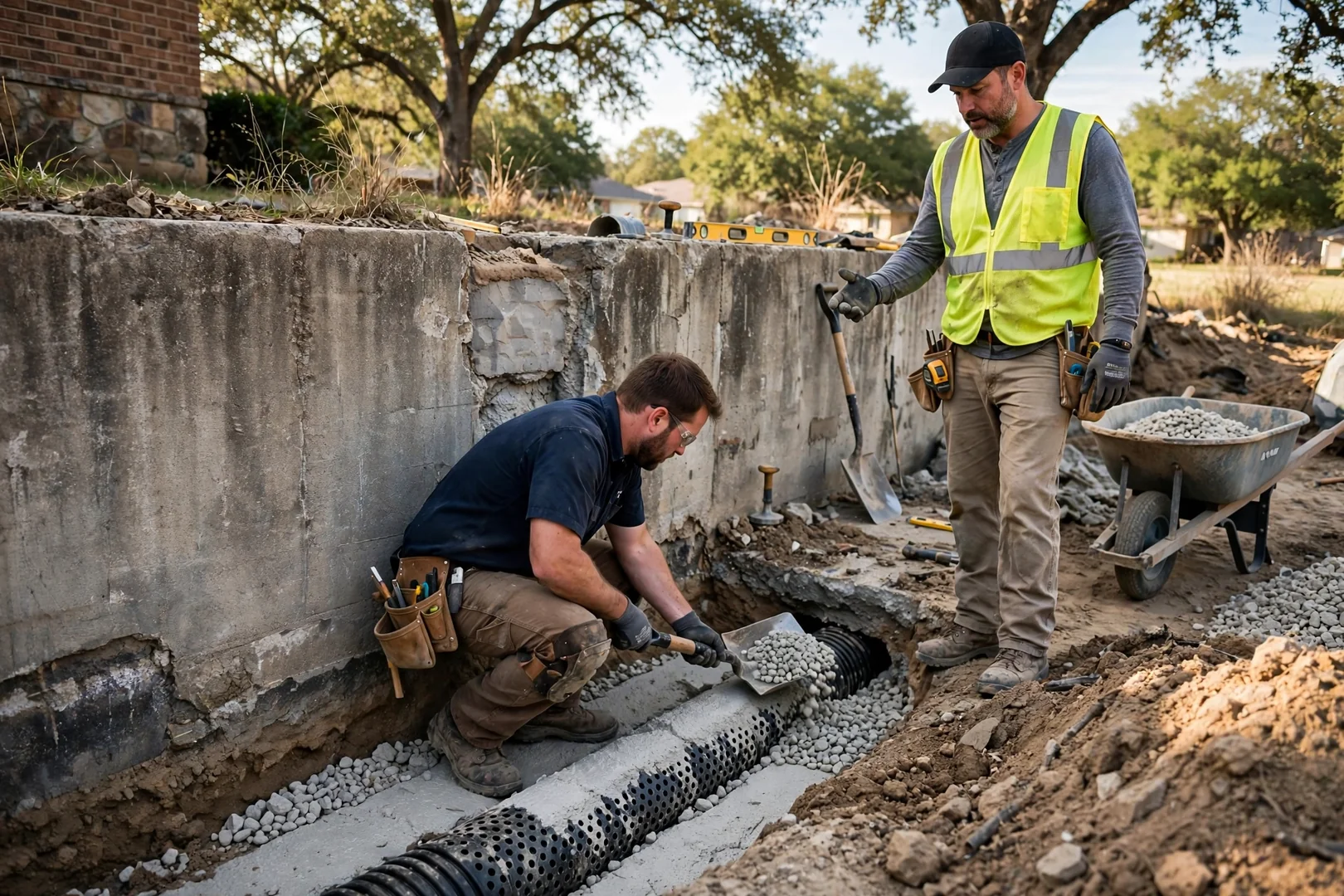 Perforated drain pipe and washed drain rock placed behind a wall during reconstruction