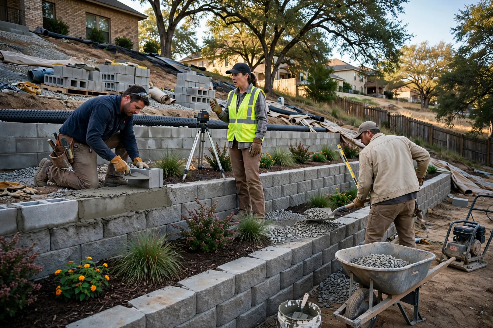 Tiered retaining wall with planted terrace steps restoring a steep residential slope