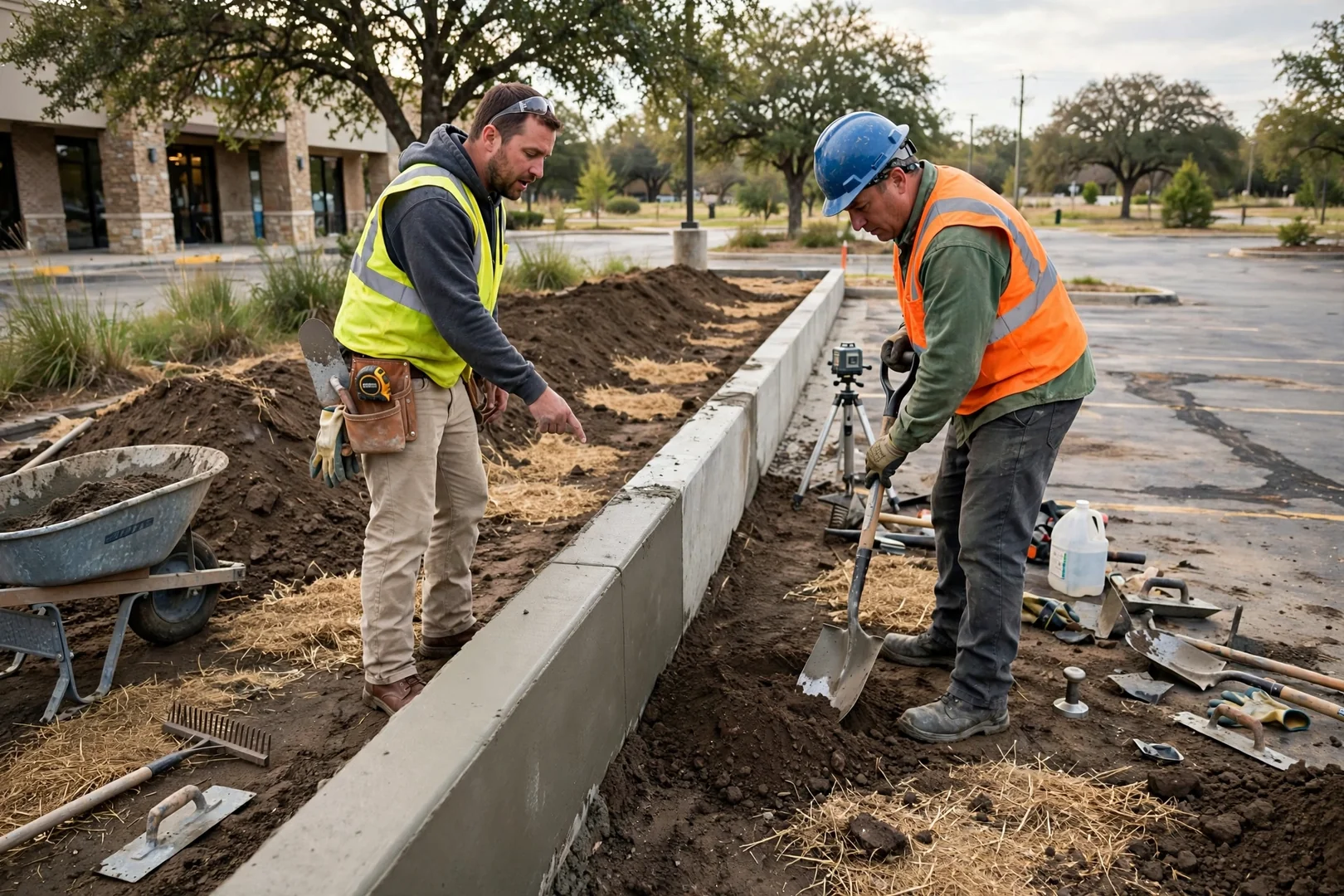 Poured concrete retaining wall edging a commercial parking island with fresh grading