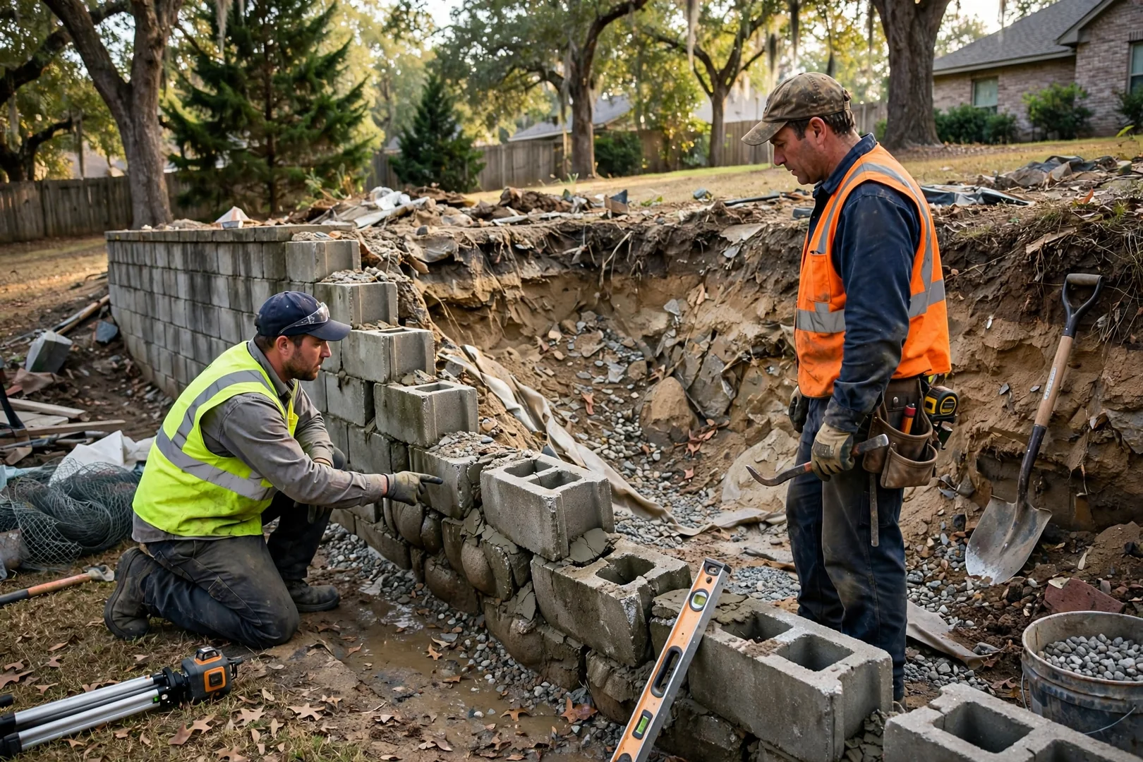 Leaning block retaining wall showing bulging courses and washed-out backfill before repair