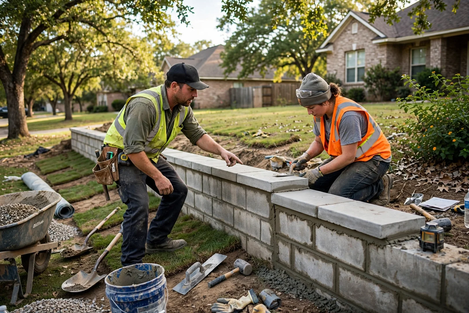 Rebuilt retaining wall with new caps and restored grade in a Highland Village yard