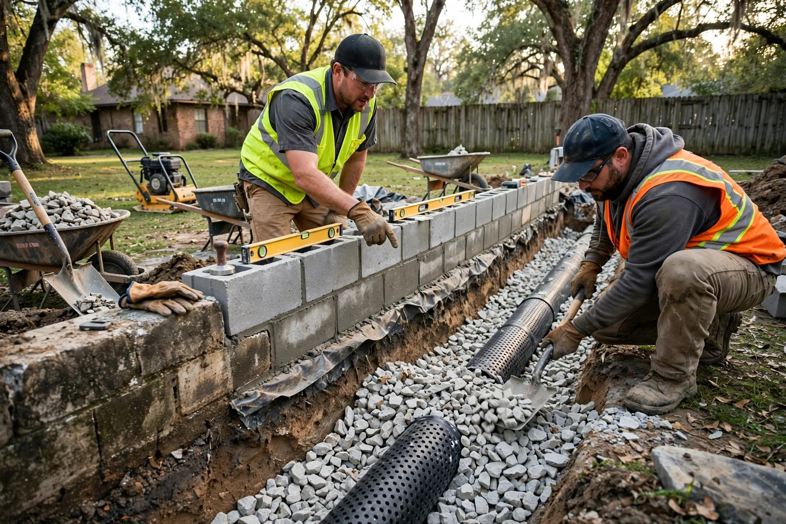 Perforated drain line and crushed stone placed behind a retaining wall during reconstruction
