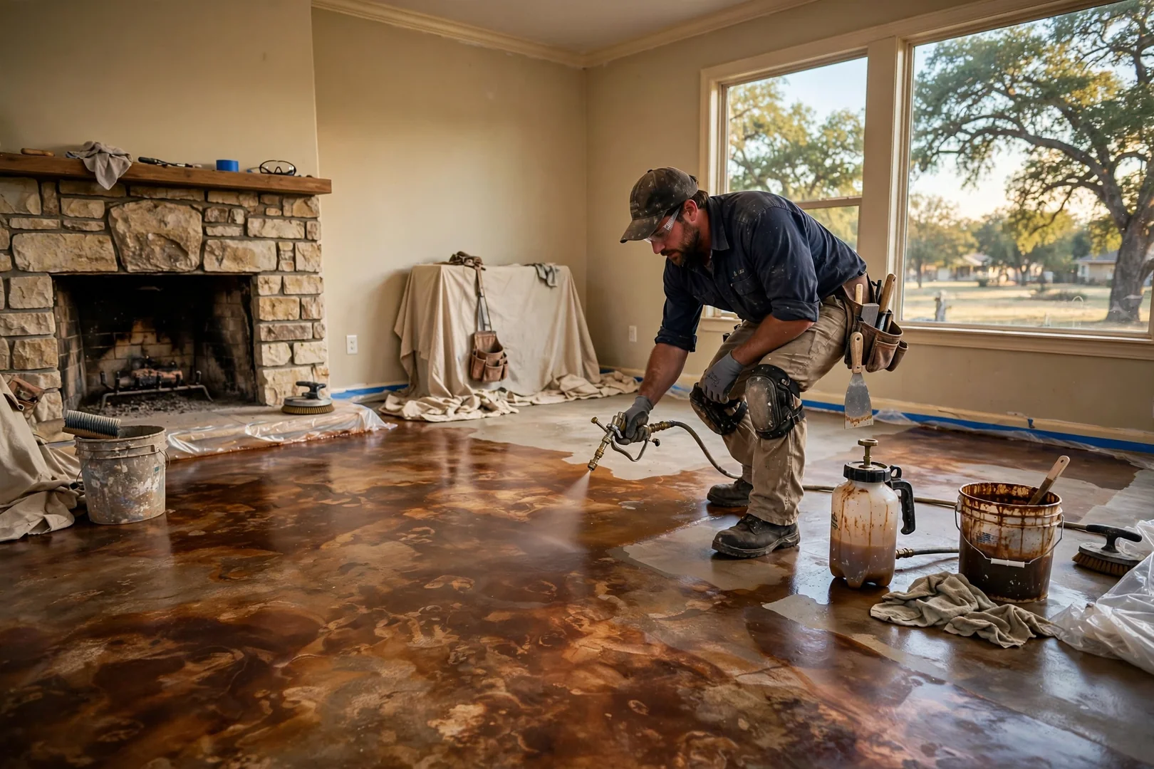 Richly mottled acid stained concrete floor in a Highland Village living room