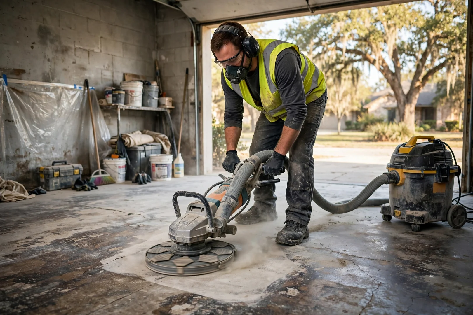 Technician grinding an old slab to prepare it for interior stain application