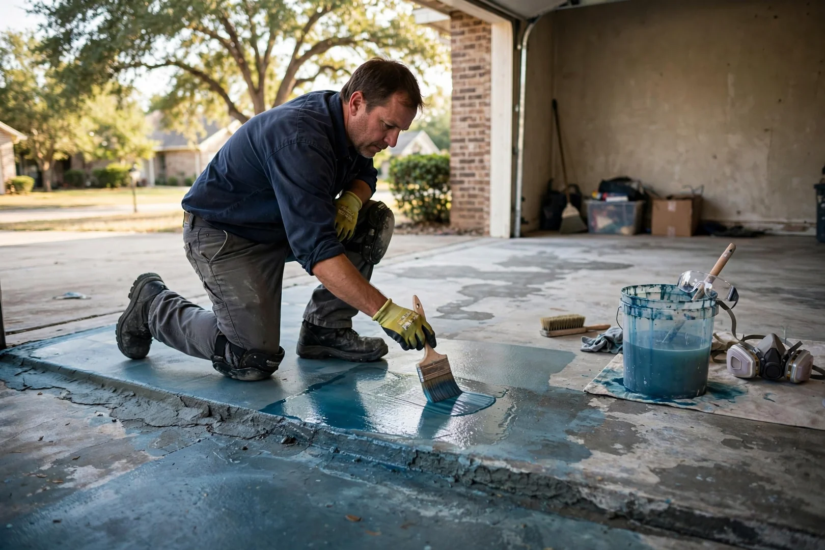 Water based dye being applied in layers across a prepared garage slab