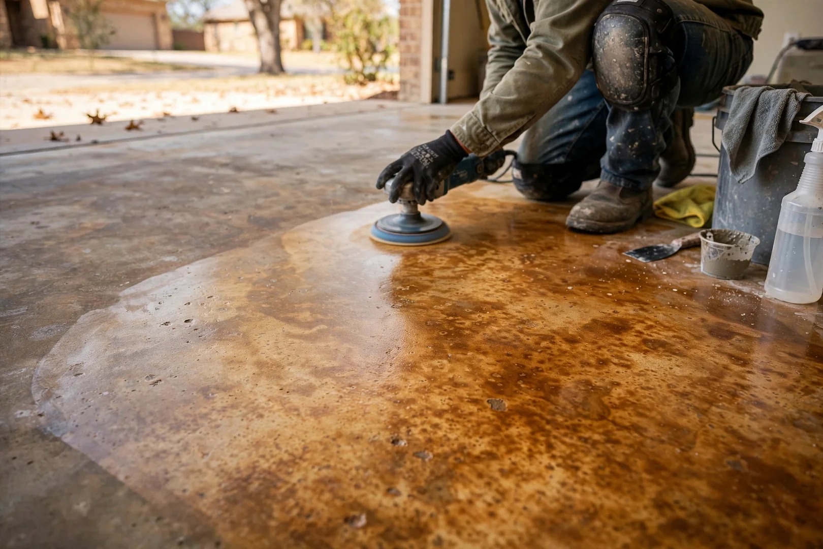 Close-up of acid-stained concrete floor showing mottled caramel tones and polished sheen