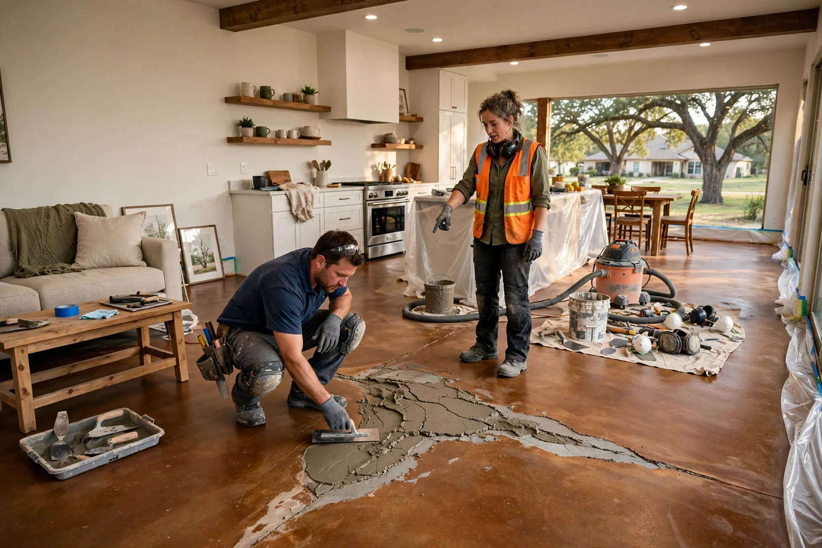 Wide shot of open-plan living area with warm stained concrete floor in Highland Village home