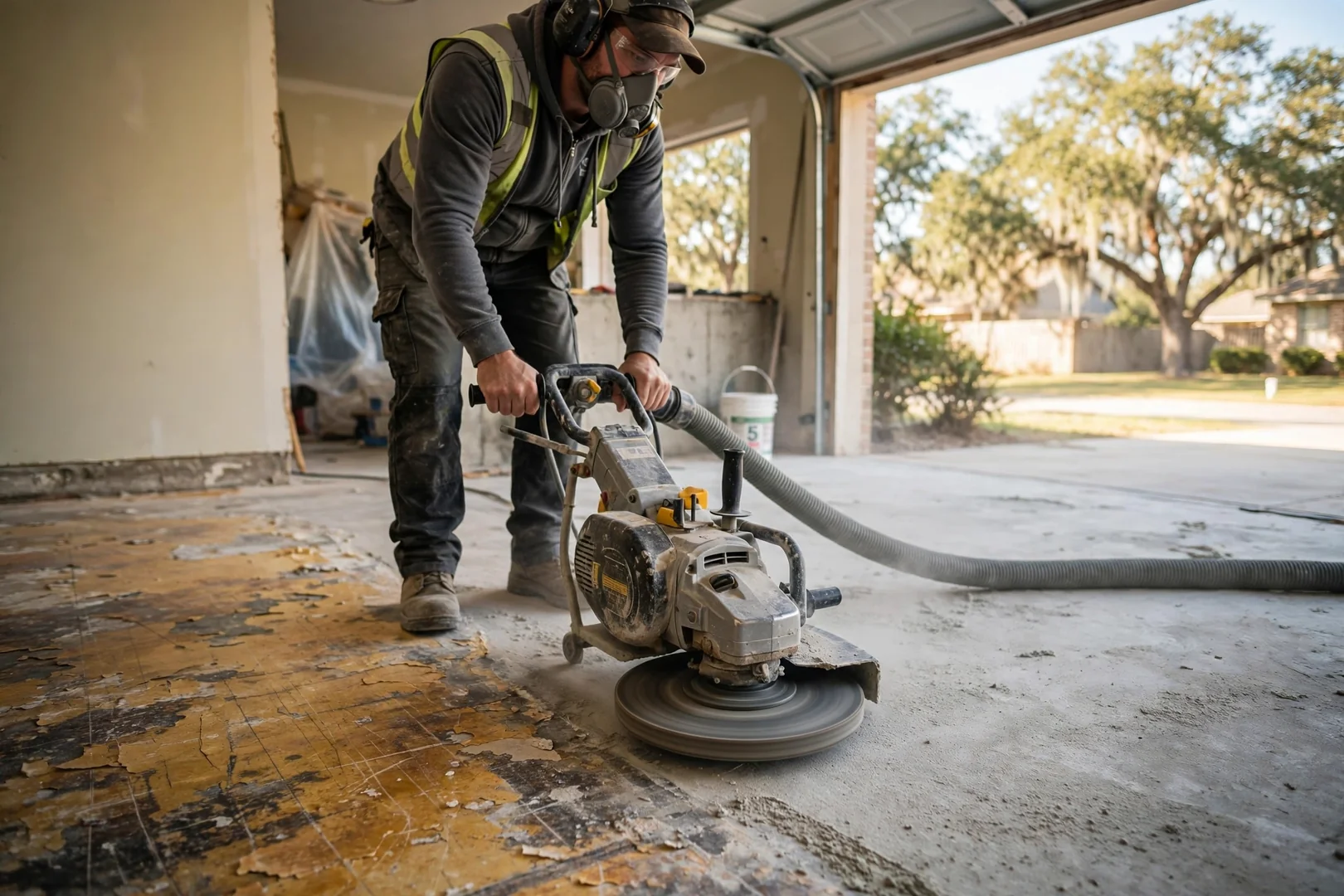 Walk-behind diamond grinder removing old sealer from interior concrete slab during prep